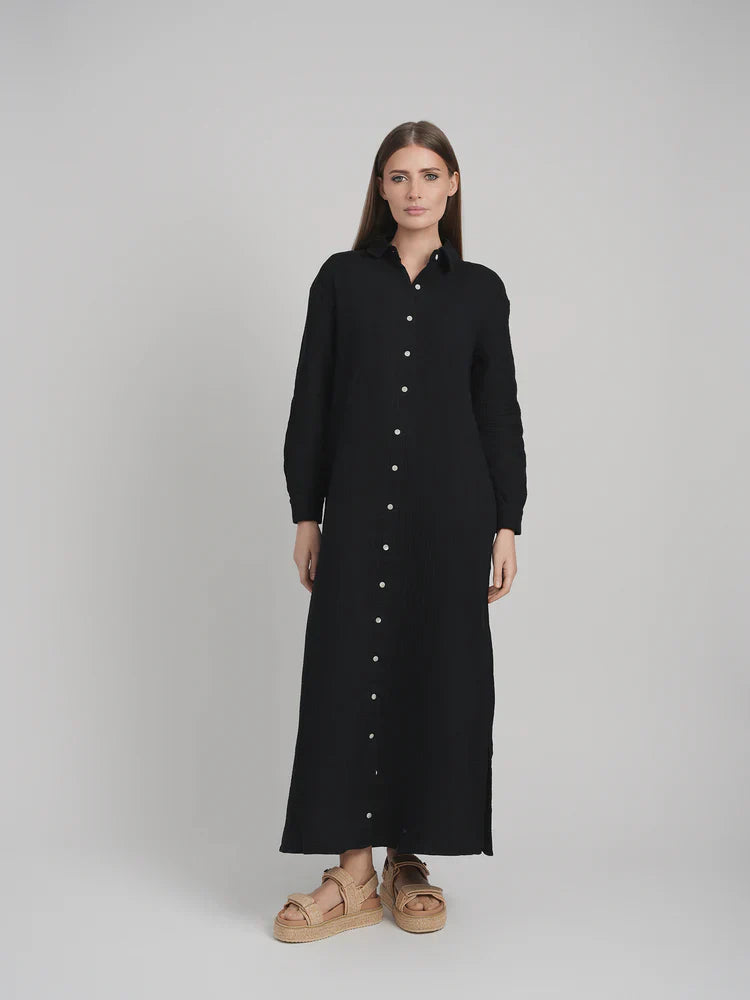 MAXI GAUZE SHIRT DRESS (BLACK)