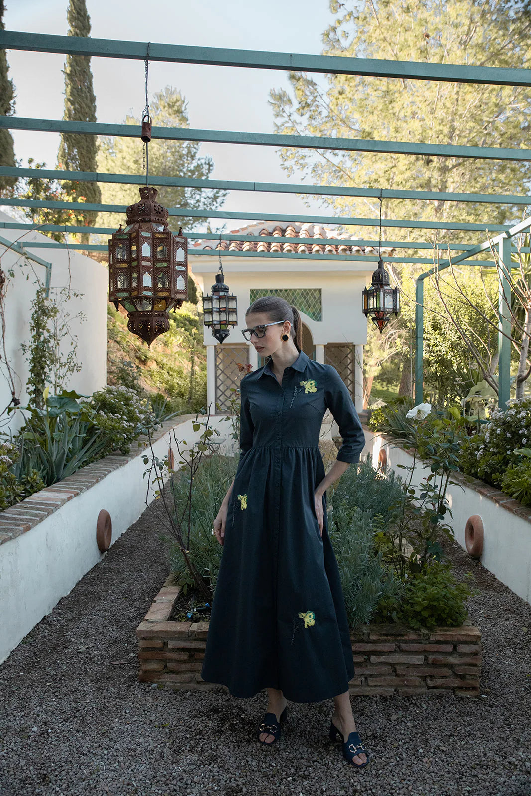 Navy Cotton Dress with Motif Embroidery