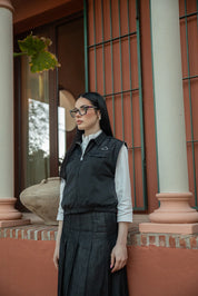 Denim and Taffeta Jacket with Open Zipped Armholes