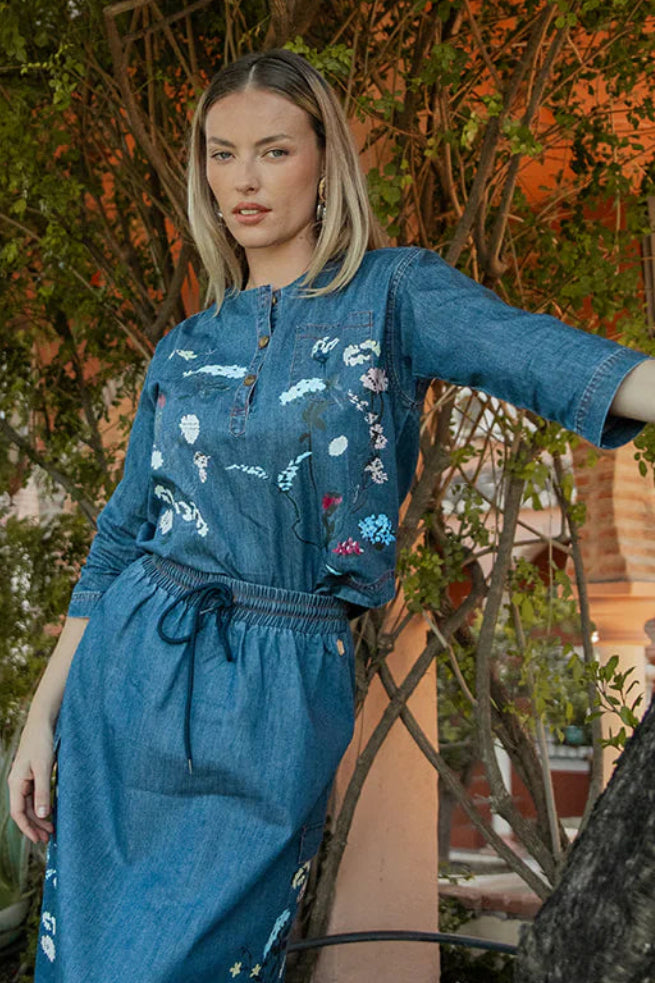 Collarless Denim Shirt with Flower Printing