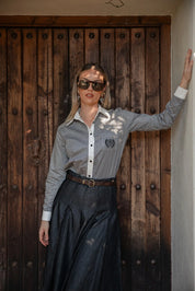 Stripe Cotton Shirt with Pocket Embroidery