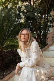 Fine Organza Neck Tie Floral Blouse