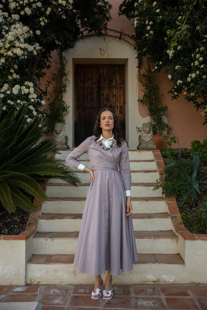 Striped Cotton Shirt Dress with Centre Front Tie