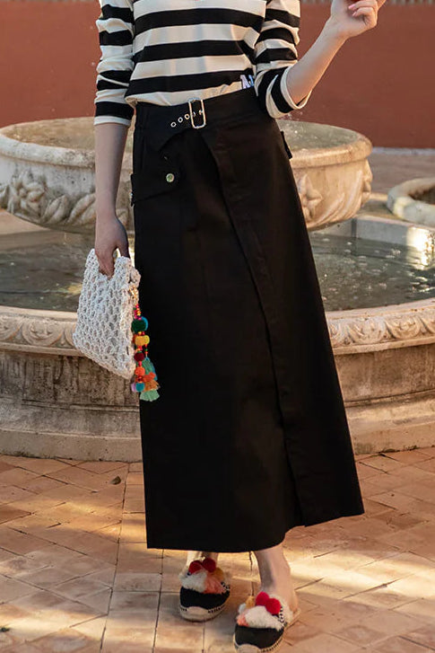 Elastic Waist Skirt with Buckled Belt and Cargo Pockets
