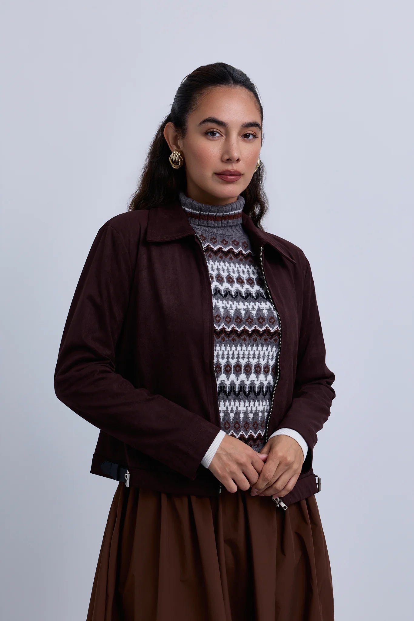 Suede Zip Up Collared Jacket with Gathered Waistband and Side Leather Buckles