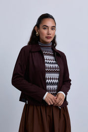 Suede Zip Up Collared Jacket with Gathered Waistband and Side Leather Buckles