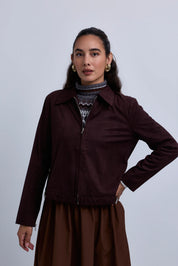 Suede Zip Up Collared Jacket with Gathered Waistband and Side Leather Buckles