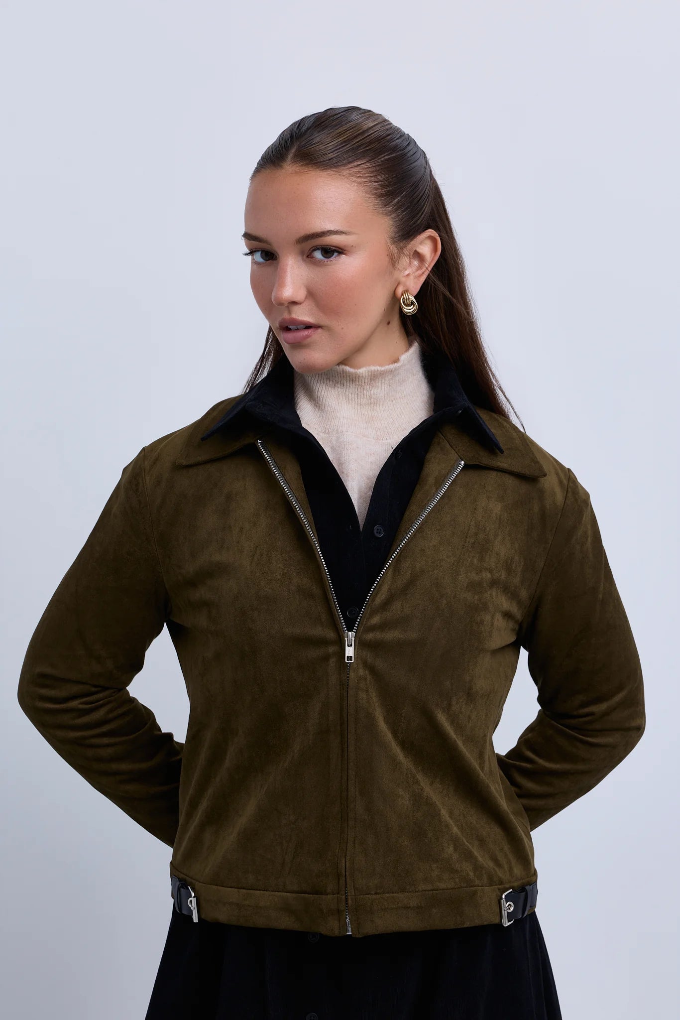 Suede Zip Up Collared Jacket with Gathered Waistband and Side Leather Buckles