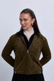 Suede Zip Up Collared Jacket with Gathered Waistband and Side Leather Buckles