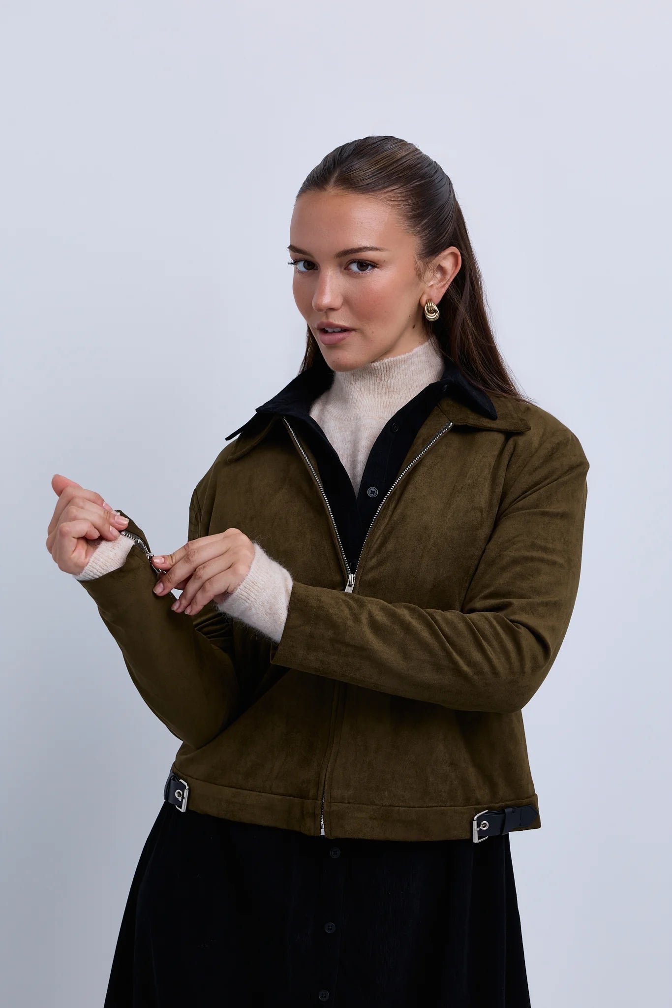 Suede Zip Up Collared Jacket with Gathered Waistband and Side Leather Buckles