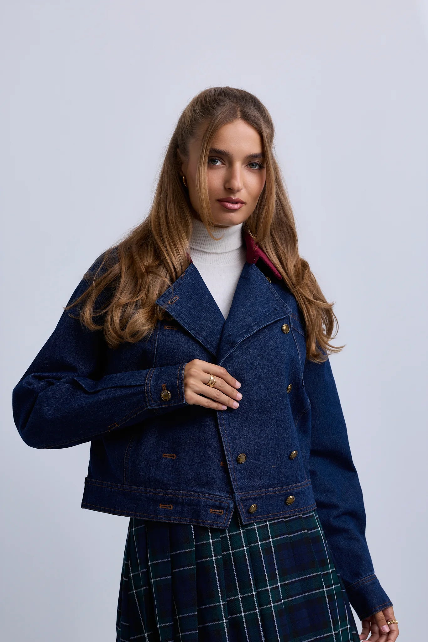 Double Breasted Denim Jacket with Contrast Collar
