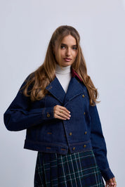 Double Breasted Denim Jacket with Contrast Collar