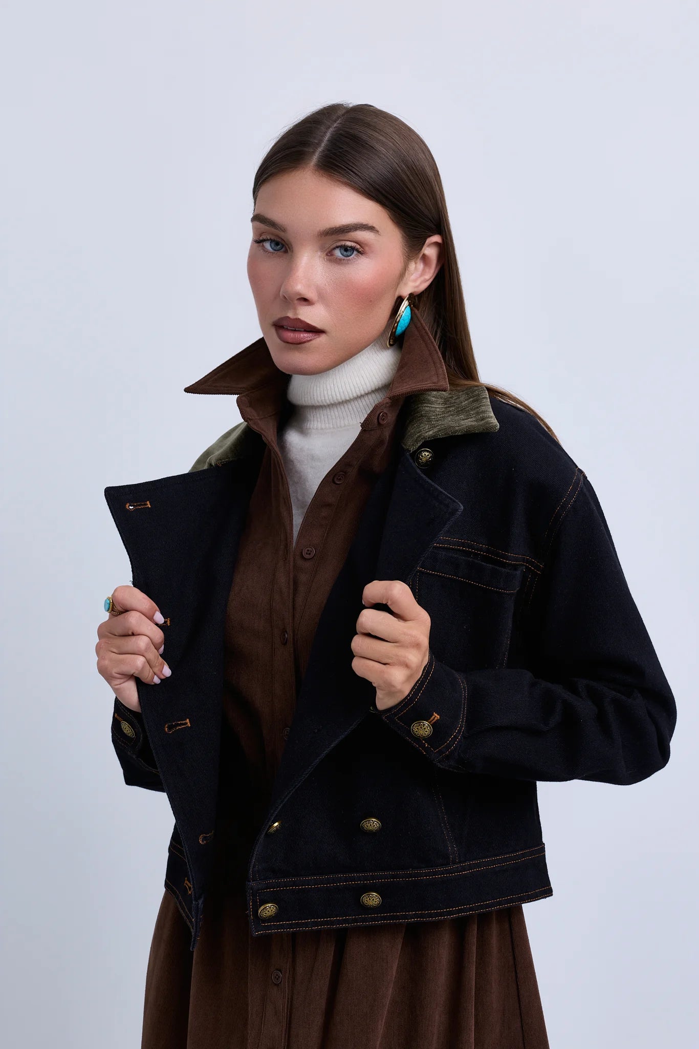 Double Breasted Denim Jacket with Contrast Collar
