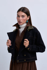 Double Breasted Denim Jacket with Contrast Collar