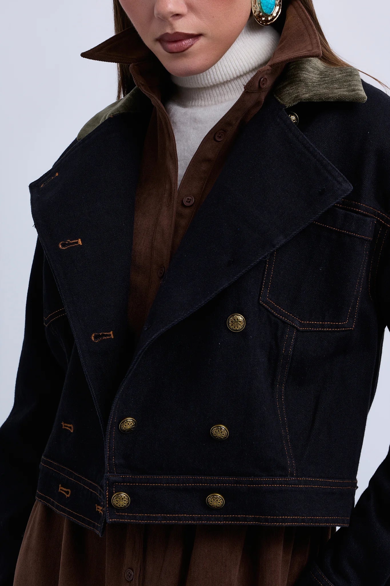 Double Breasted Denim Jacket with Contrast Collar