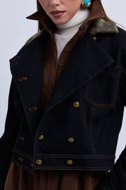 Double Breasted Denim Jacket with Contrast Collar