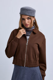 Zip Front Bomber with Suede Collar and Wide Synced Waist