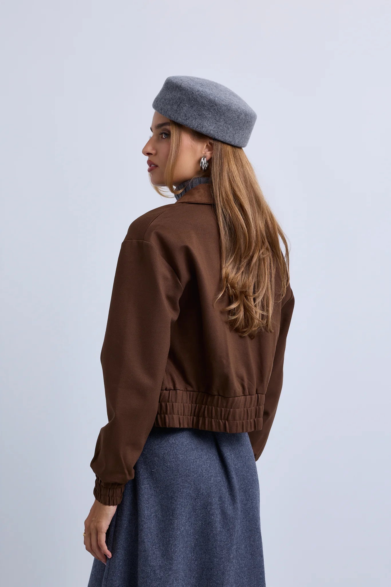 Zip Front Bomber with Suede Collar and Wide Synced Waist