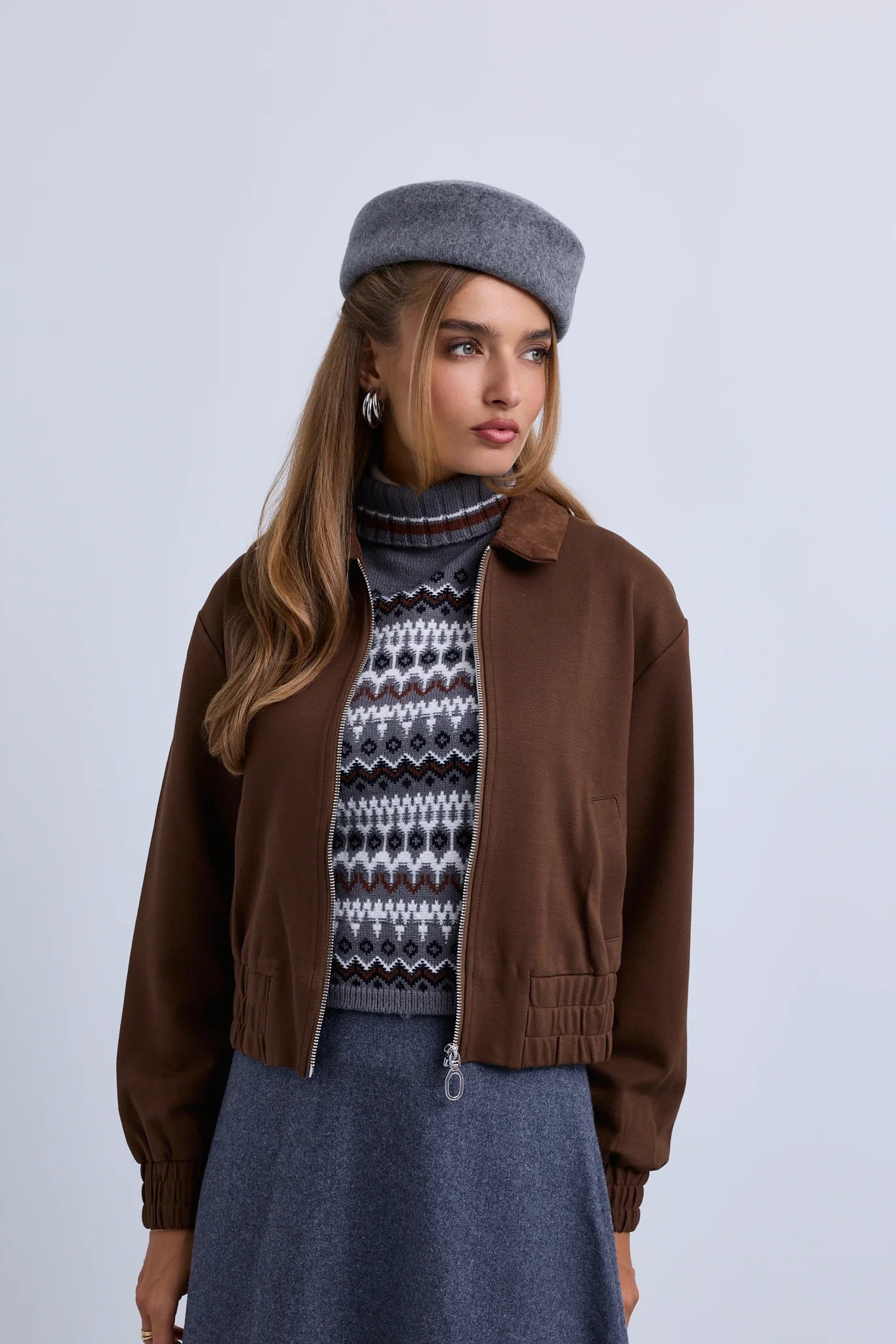 Zip Front Bomber with Suede Collar and Wide Synced Waist
