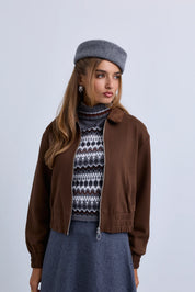 Zip Front Bomber with Suede Collar and Wide Synced Waist