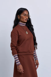 Boxy Sweatshirt with Striped Neck Cuffs and Bottom Band