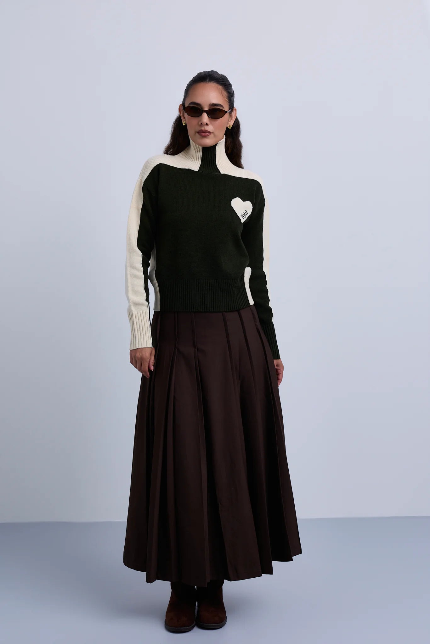 Double Pleat Fine Wool Maxi Skirt with Gold Clasp Leather. Belt