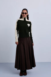 Double Pleat Fine Wool Maxi Skirt with Gold Clasp Leather. Belt