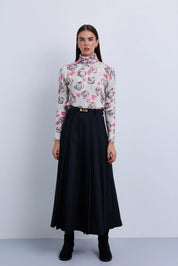 Double Pleat Fine Wool Maxi Skirt with Gold Clasp Leather. Belt