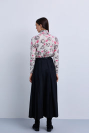Double Pleat Fine Wool Maxi Skirt with Gold Clasp Leather. Belt