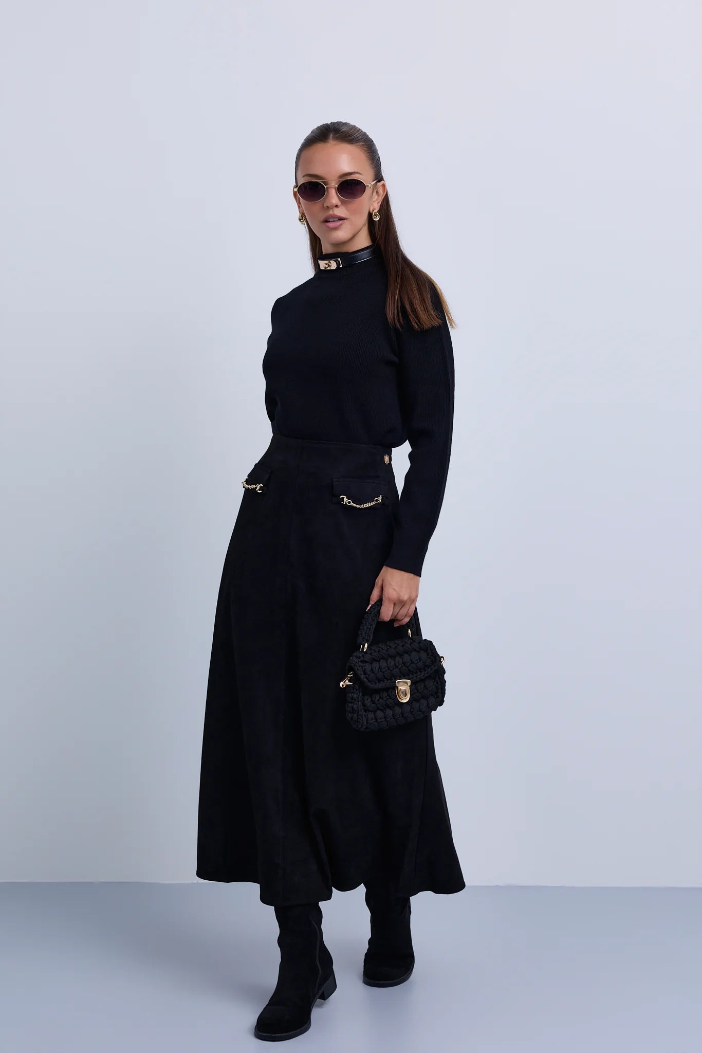 Aline Suede Skirt with Chain Pocket Design