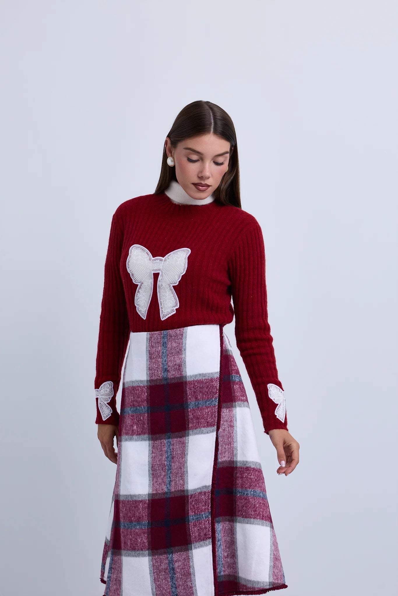 Wrap to Side Plaid Aline Knee Length Skirt