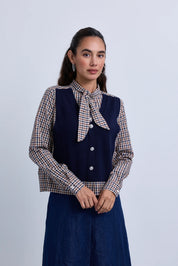 Check Neck Tie Blouse with Attached Knitwear