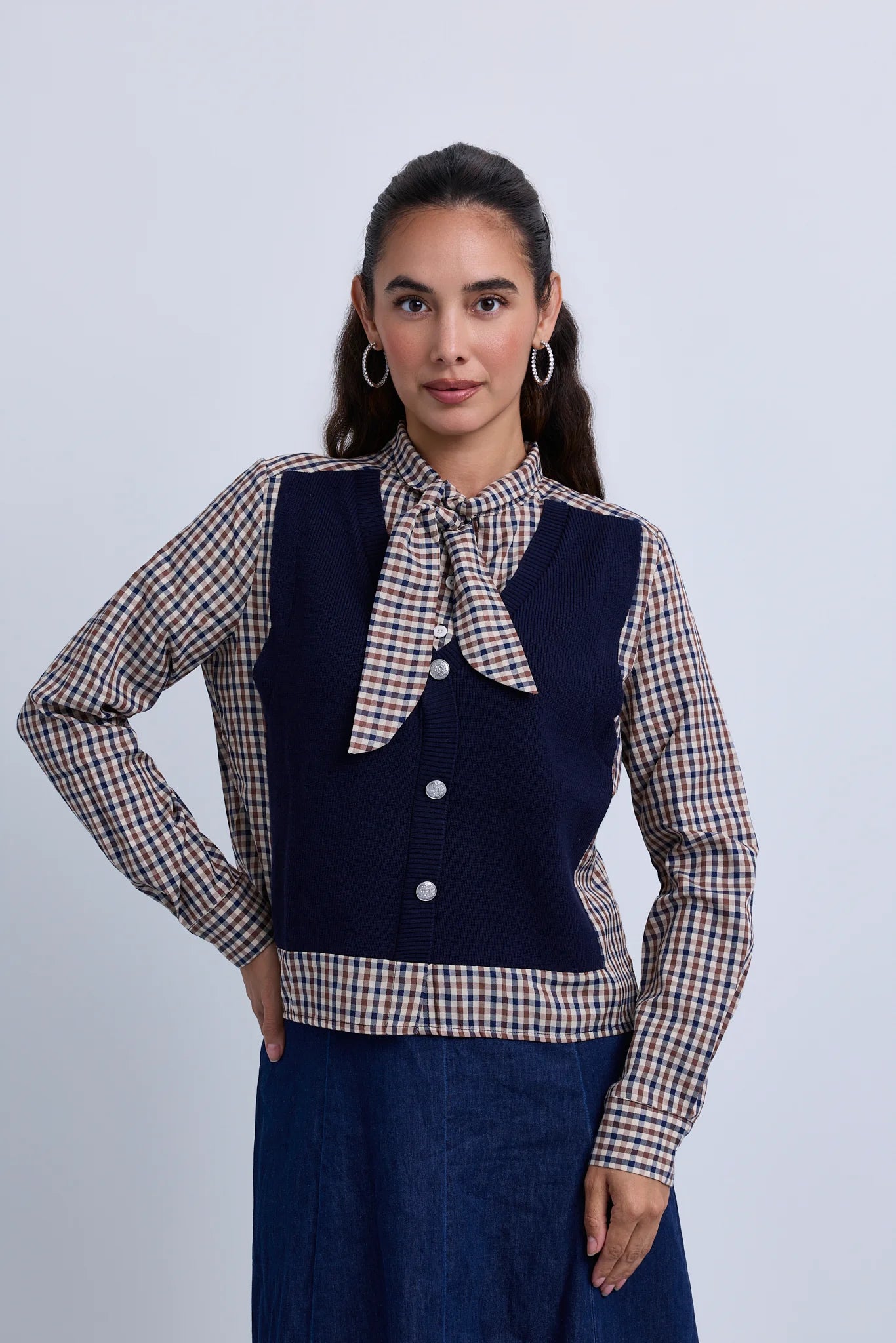 Check Neck Tie Blouse with Attached Knitwear