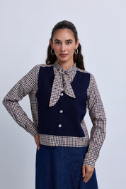 Check Neck Tie Blouse with Attached Knitwear
