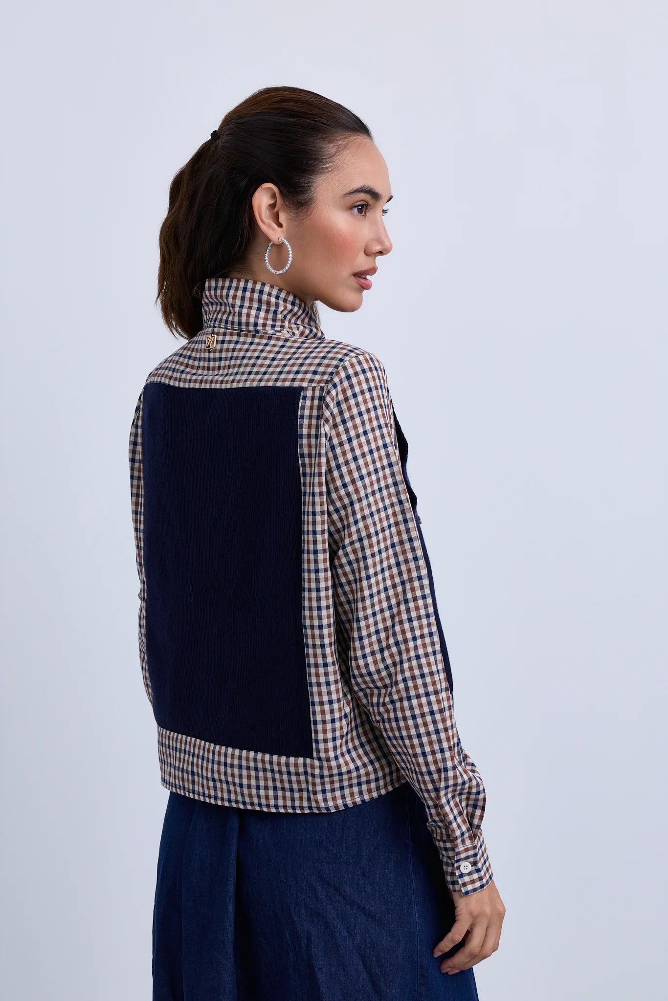 Check Neck Tie Blouse with Attached Knitwear