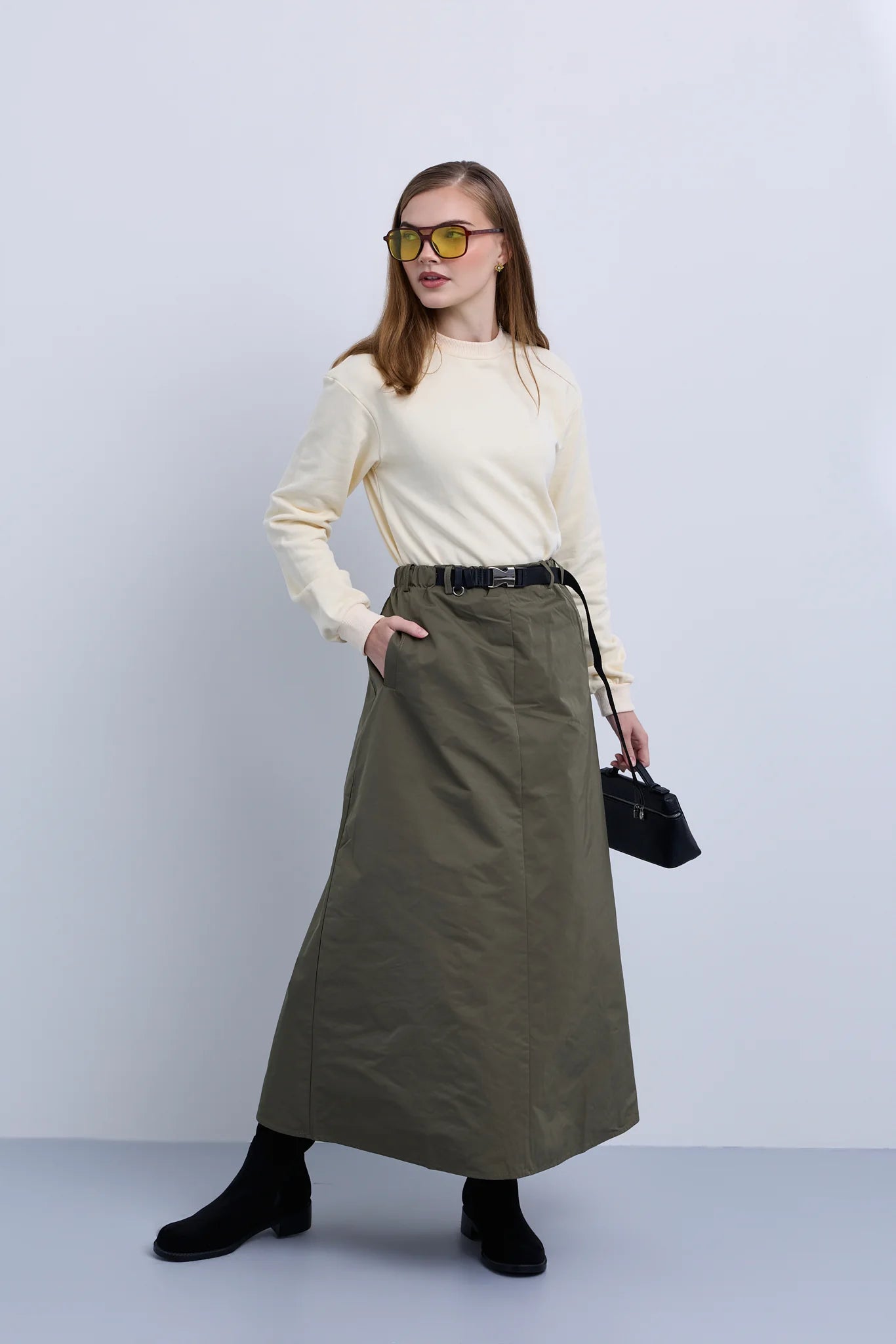 Aline Taffeta Skirt with Seatbelt Buckle Belt