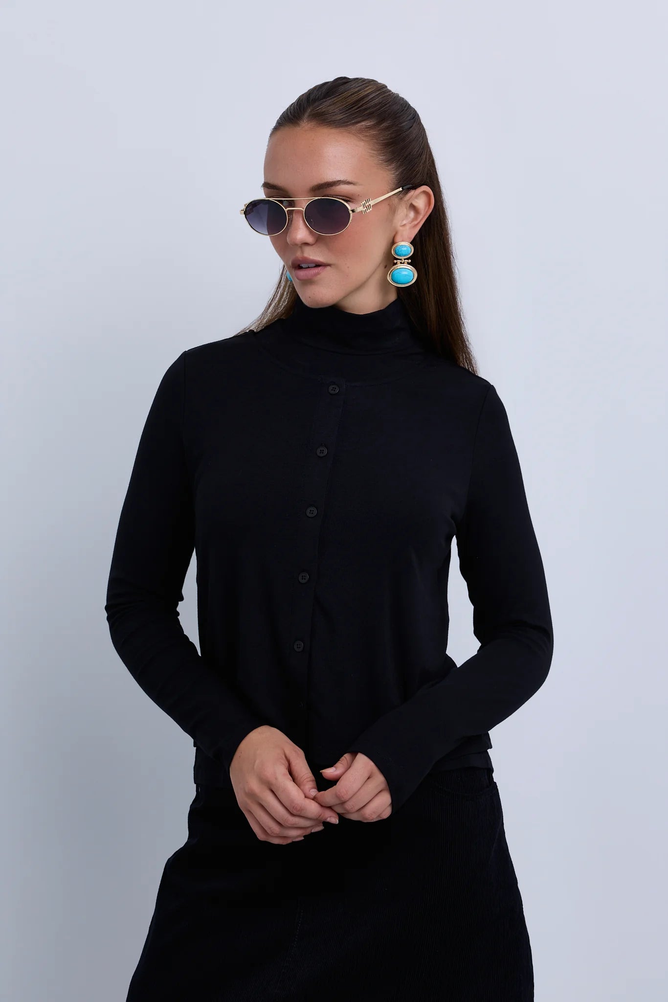 2in1 Look Button Front High Neck Jersey Top