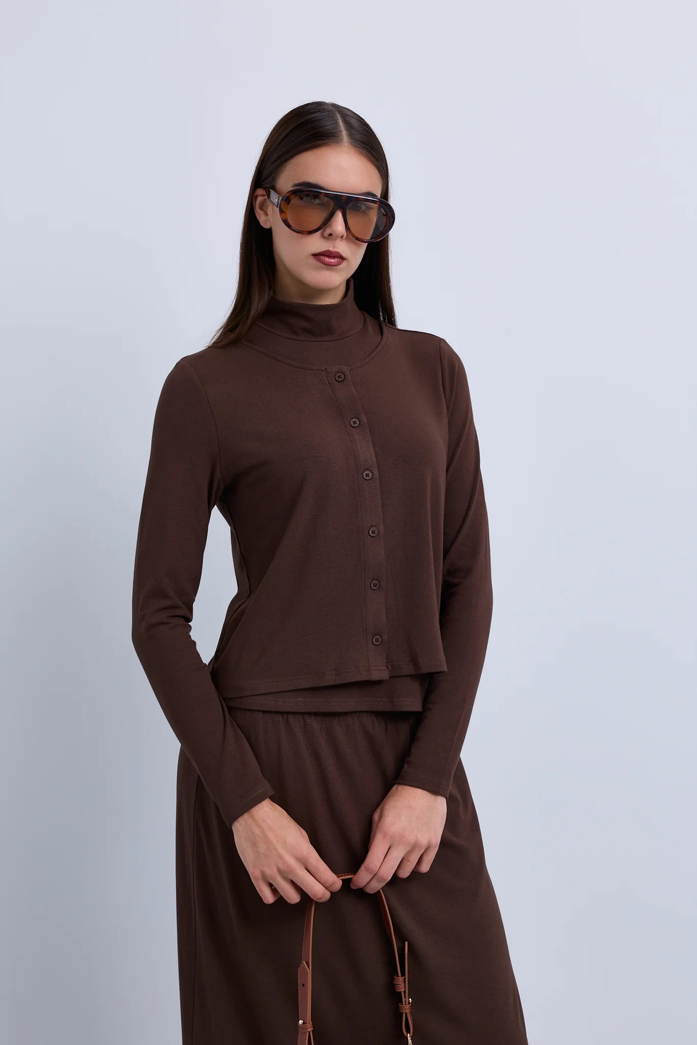 2in1 Look Button Front High Neck Jersey Top