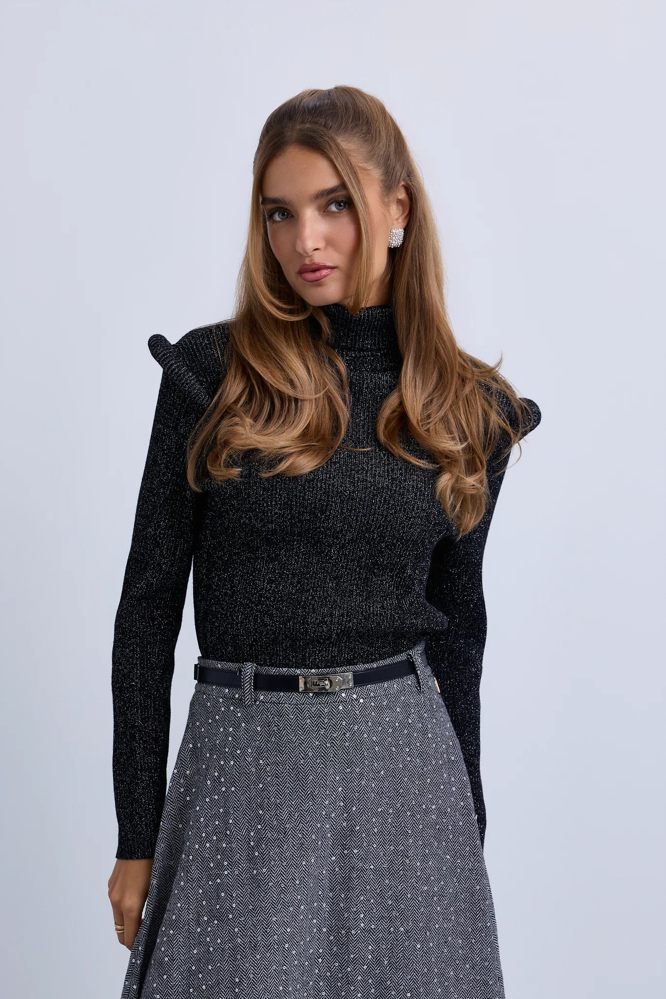 Aline Tweed Maxi Skirt with Hardware Clasp Belt