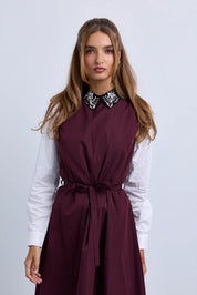 Taffeta Maxi Dress with Embellished Collar and Free Tie Belt