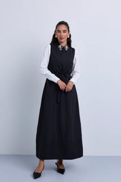 Taffeta Maxi Dress with Embellished Collar and Free Tie Belt