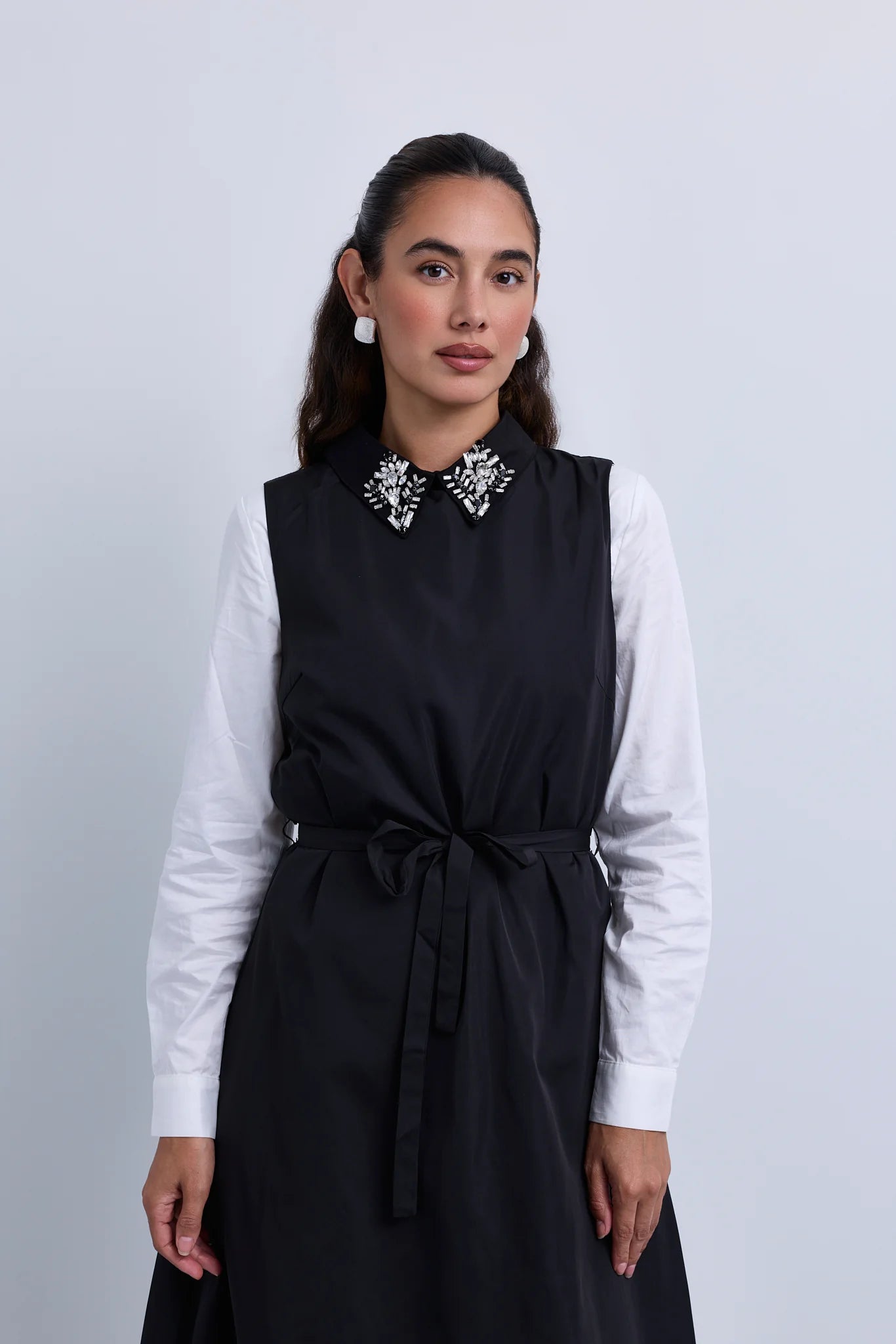Taffeta Maxi Dress with Embellished Collar and Free Tie Belt