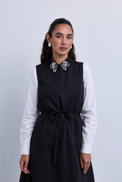 Taffeta Maxi Dress with Embellished Collar and Free Tie Belt
