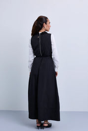 Taffeta Maxi Dress with Embellished Collar and Free Tie Belt