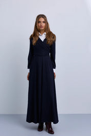 Pinstripe Wrap Dress with Collar Insert