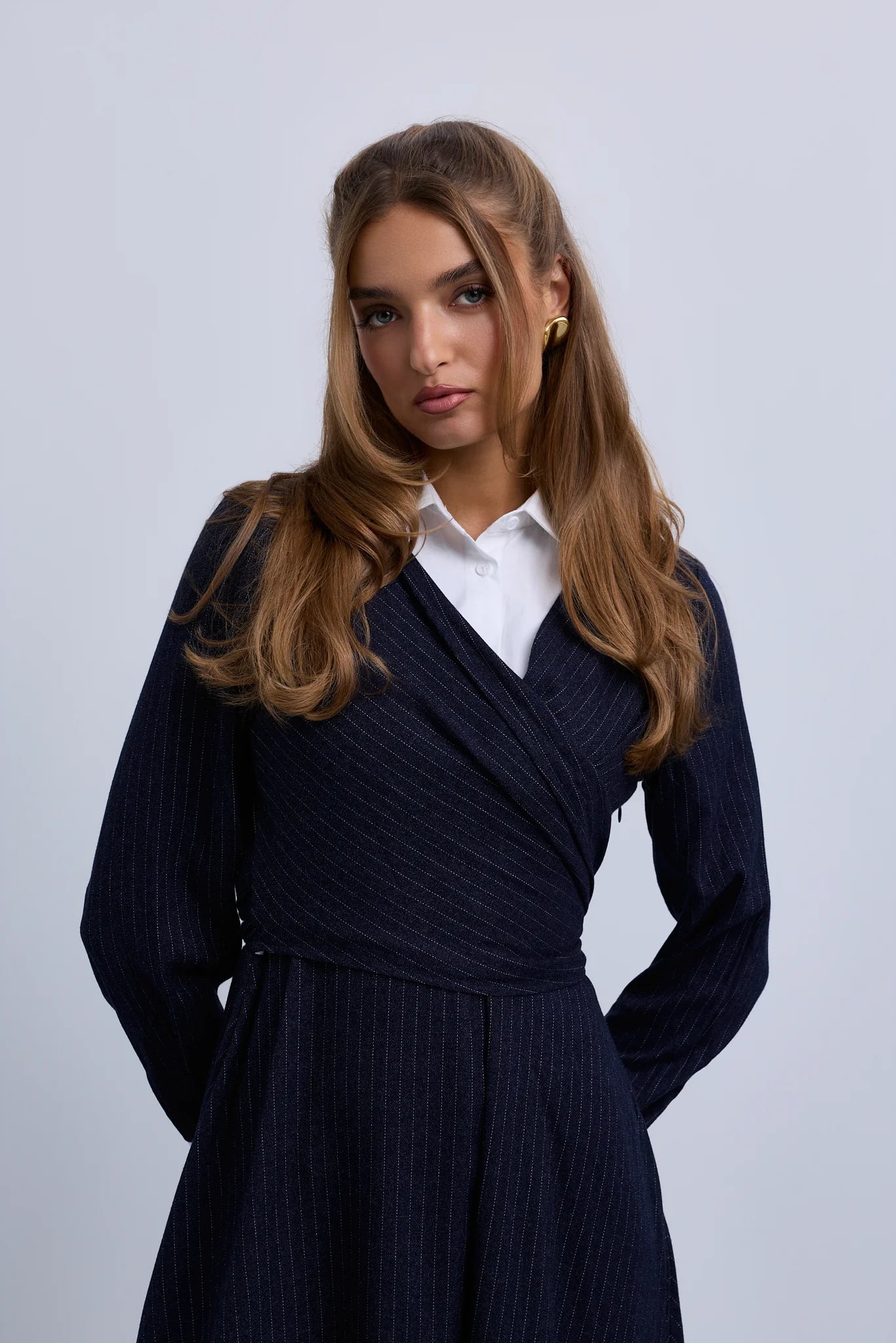 Pinstripe Wrap Dress with Collar Insert