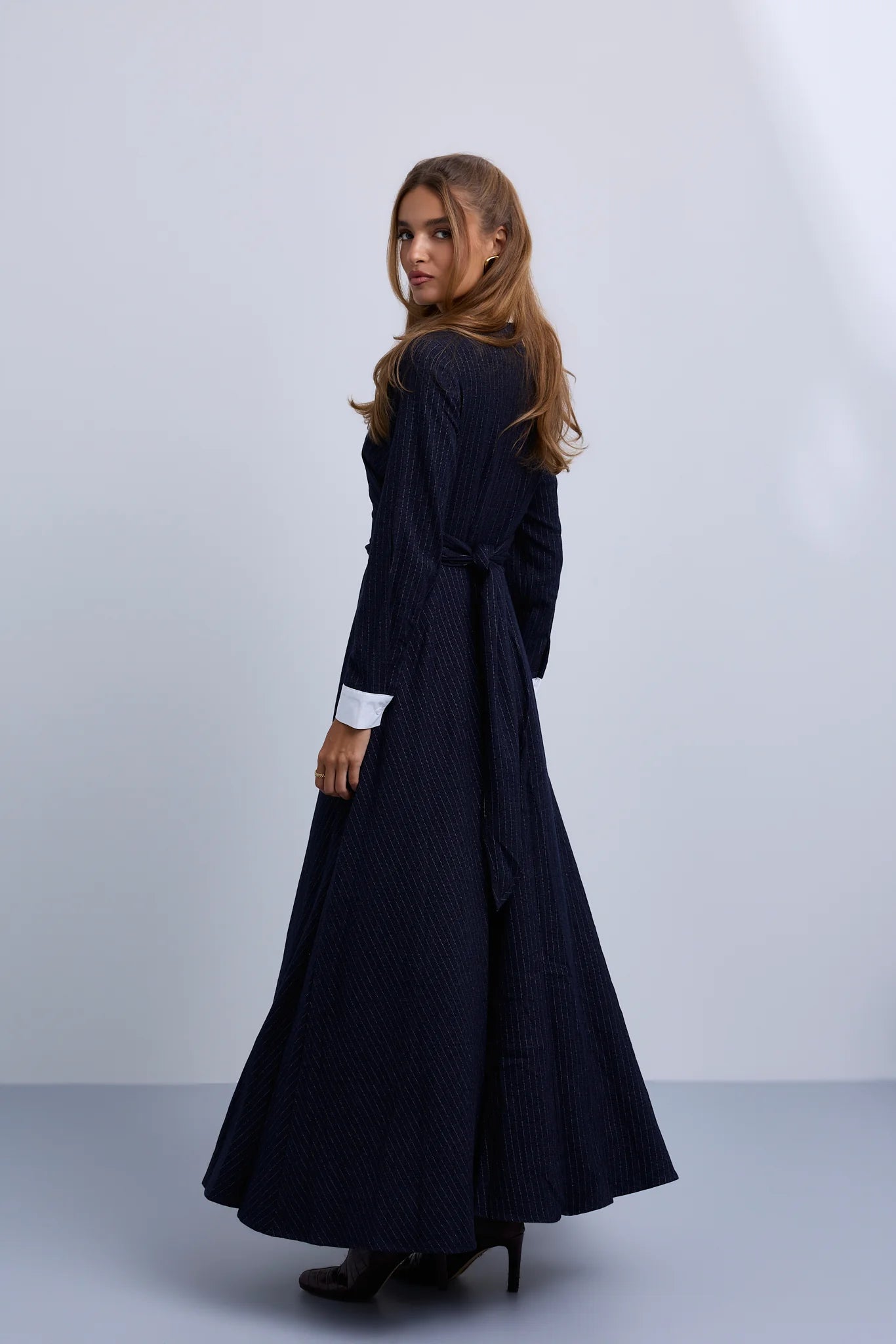 Pinstripe Wrap Dress with Collar Insert