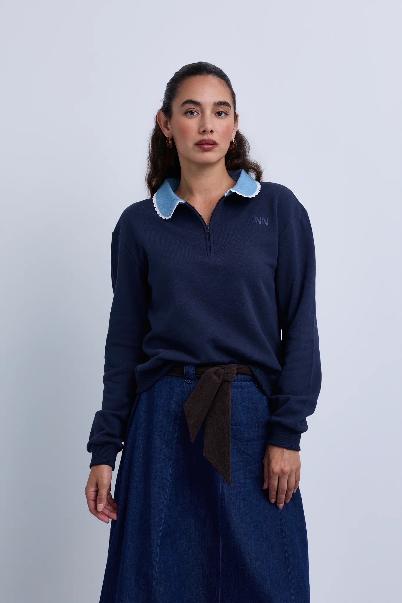 Denim Collar Sweatshirt with Knitted Crossbody