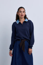 Denim Collar Sweatshirt with Knitted Crossbody