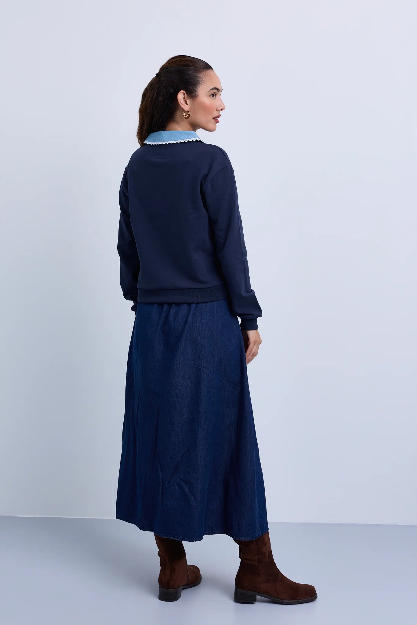 Denim Collar Sweatshirt with Knitted Crossbody